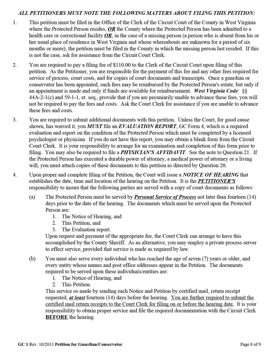 Form GC1 Petition for the Appointment of a Guardian / Conservator - West Virginia, Page 8