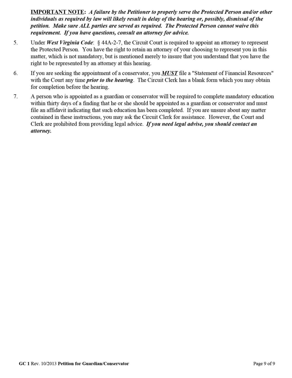 Form GC1 Petition for the Appointment of a Guardian / Conservator - West Virginia, Page 9