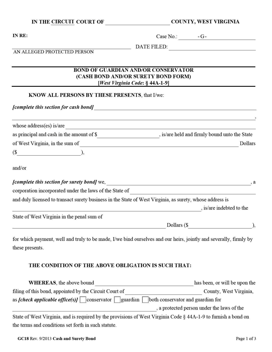 Form GC18 Bond of Guardian and / or Conservator (Cash Bond and / or Surety Bond Form) - West Virginia, Page 1