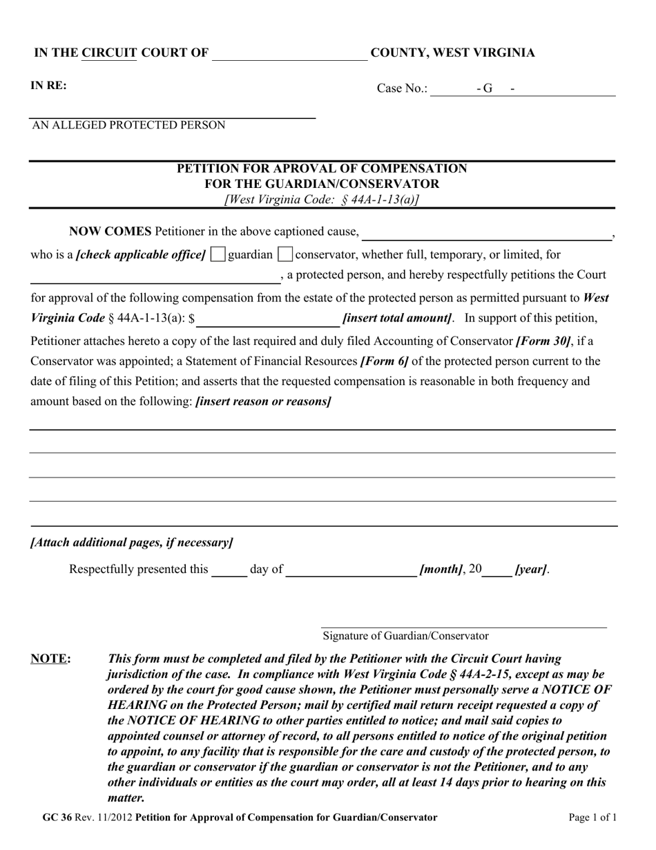 Form GC36 Petition for Approval of Compensation for the Guardian / Conservator - West Virginia, Page 1