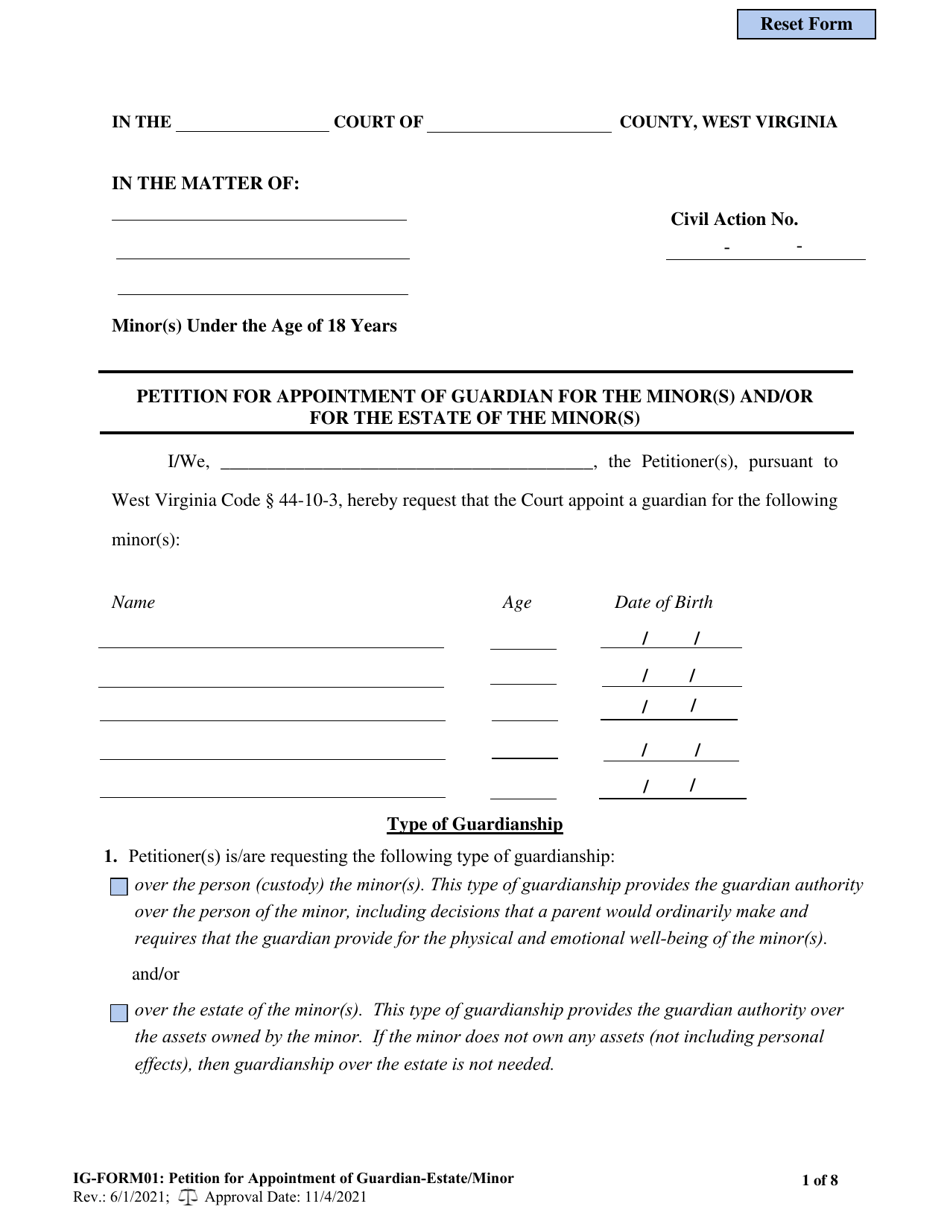 IG- Form 01 Petition for Appointment of Guardian for the Minor(S) and / or for the Estate of the Minor(S) - West Virginia, Page 1