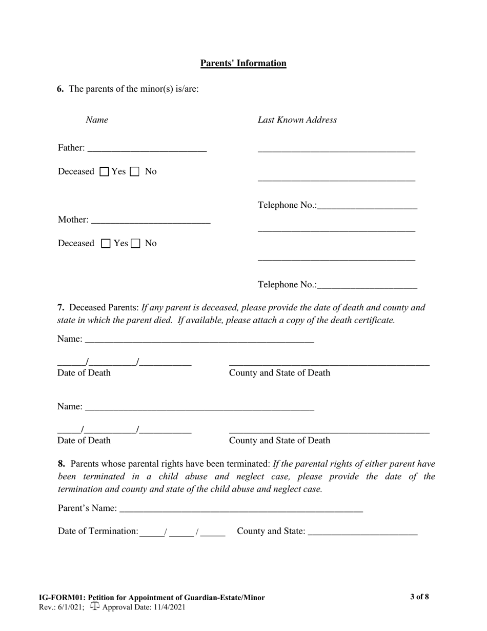 IG- Form 01 Petition for Appointment of Guardian for the Minor(S) and / or for the Estate of the Minor(S) - West Virginia, Page 3
