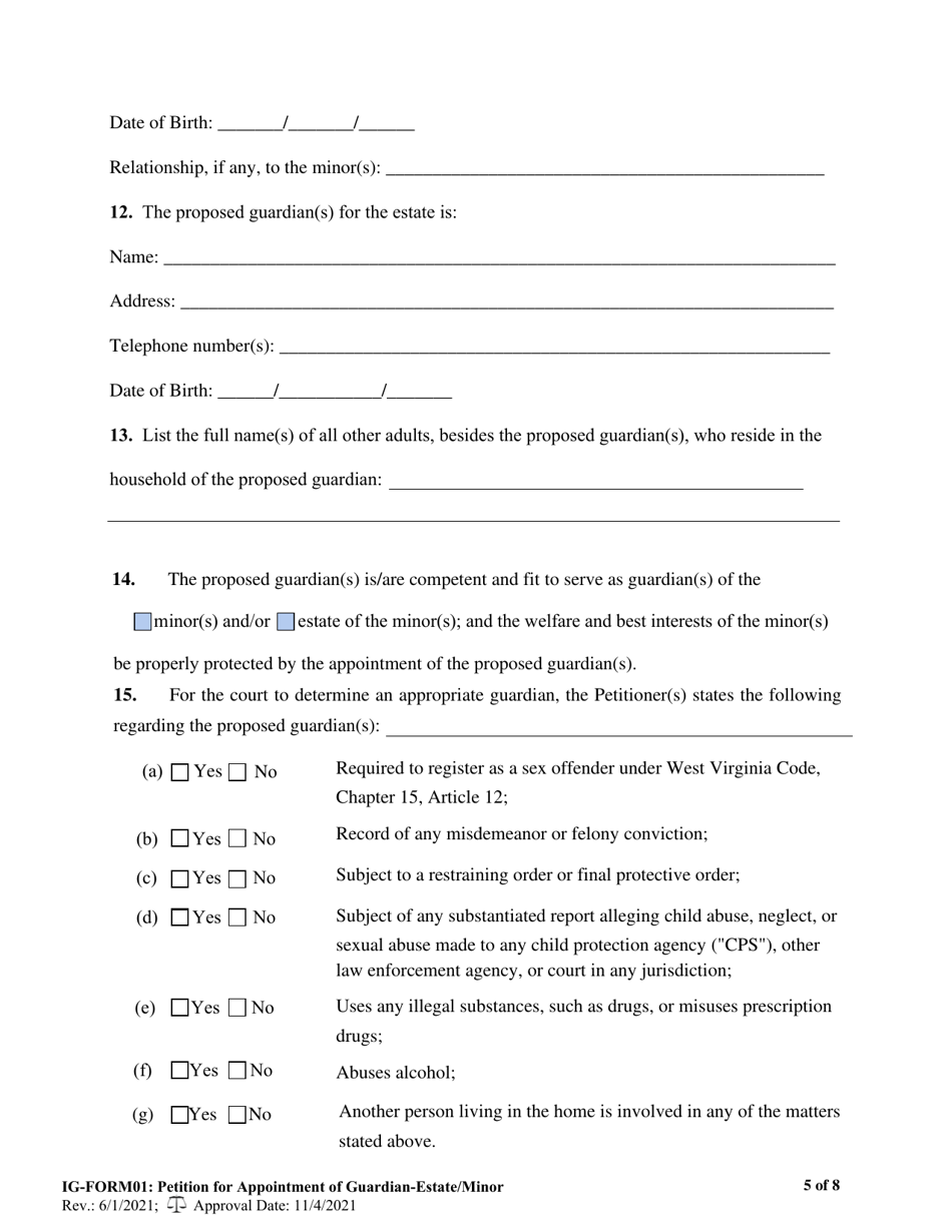 IG- Form 01 Petition for Appointment of Guardian for the Minor(S) and / or for the Estate of the Minor(S) - West Virginia, Page 5