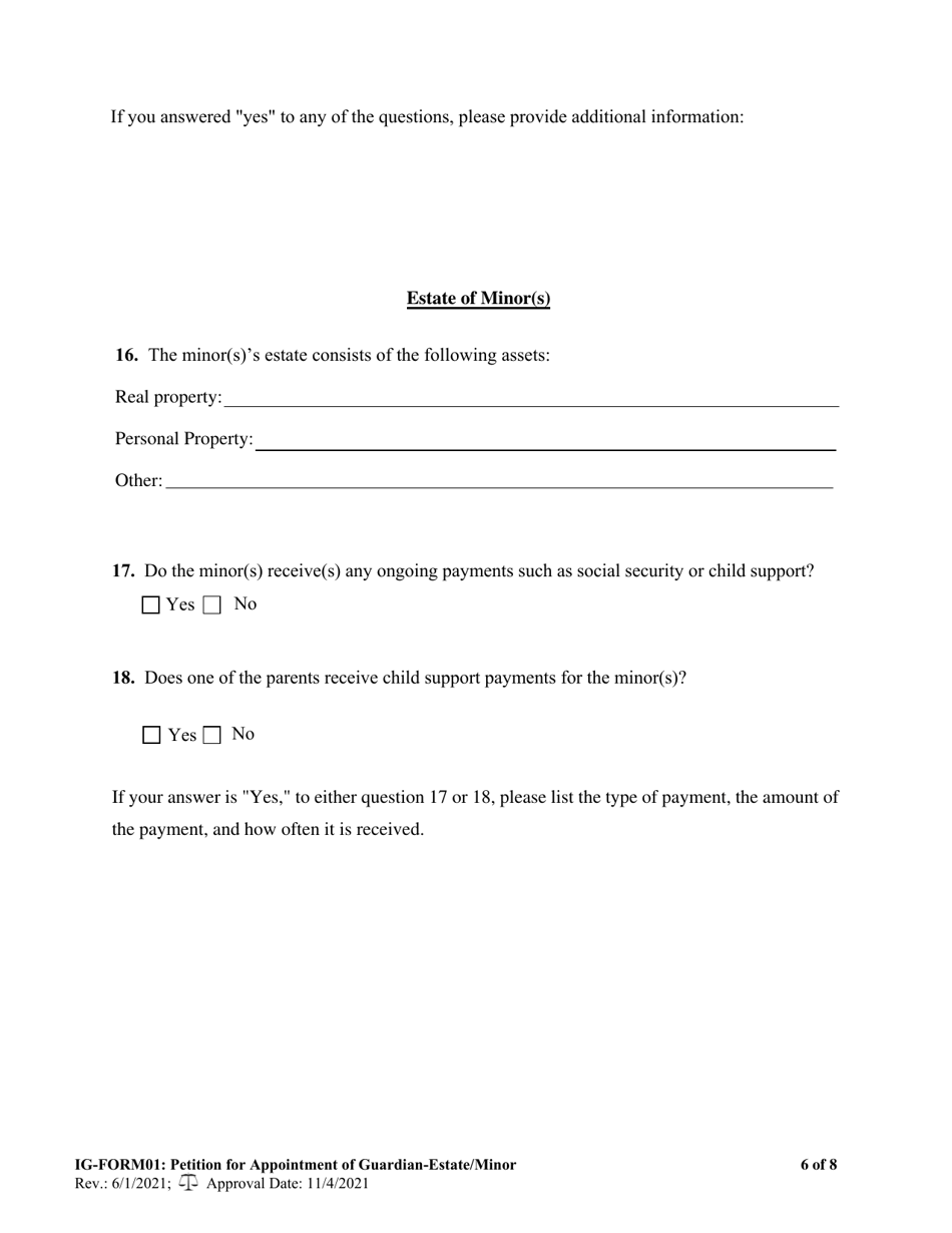 IG- Form 01 Petition for Appointment of Guardian for the Minor(S) and / or for the Estate of the Minor(S) - West Virginia, Page 6