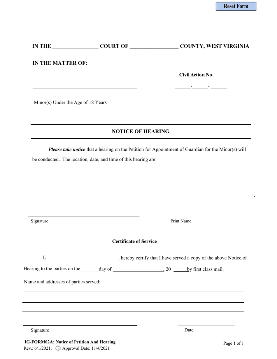 IG- Form 02A Notice of Petition and Hearing - West Virginia, Page 1