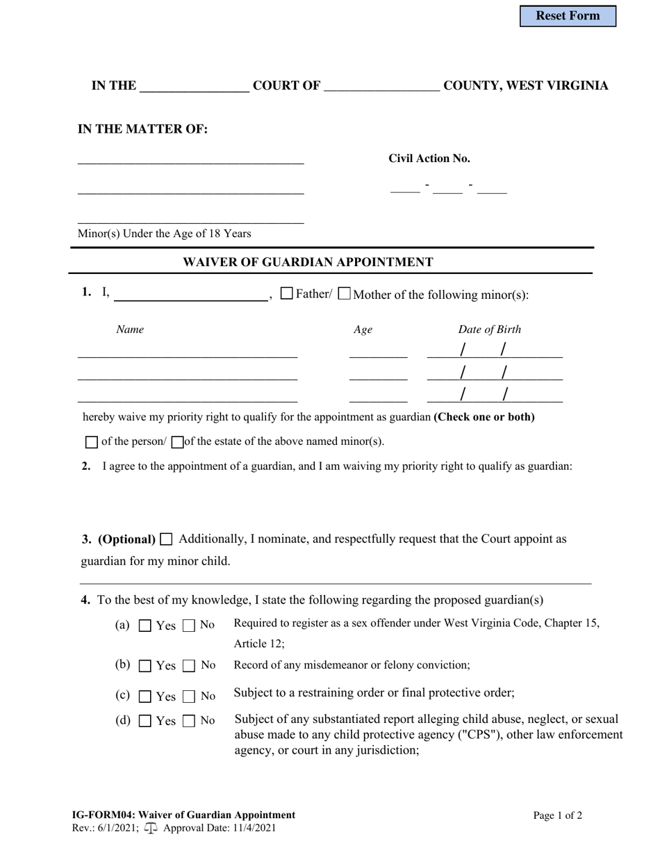 IG- Form 04 Waiver of Guardian Appointment - West Virginia, Page 1