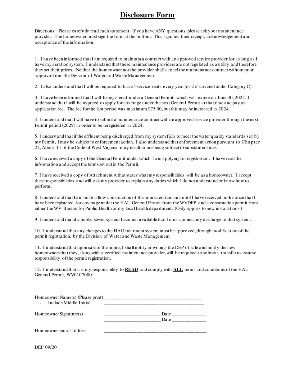 Home Aeration Unit Disclosure Form - West Virginia, Page 1