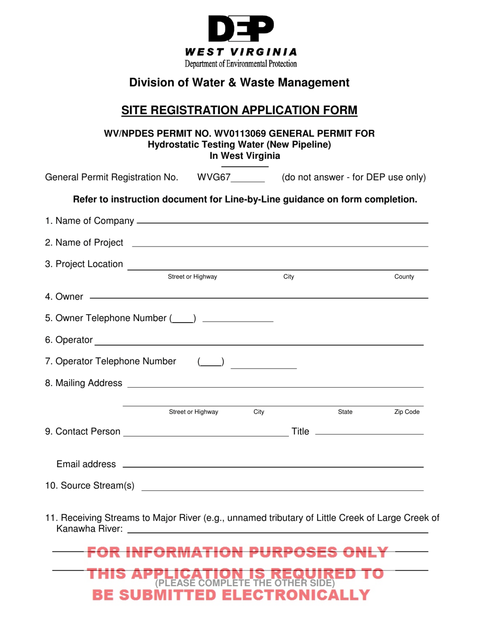 Site Registration Application Form - General Permit for Hydrostatic Testing Water (New Pipeline) in West Virginia - West Virginia, Page 1
