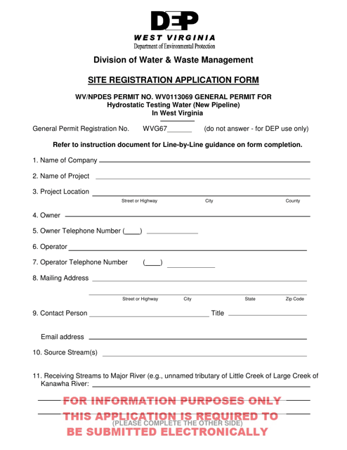 Site Registration Application Form - General Permit for Hydrostatic Testing Water (New Pipeline) in West Virginia - West Virginia Download Pdf