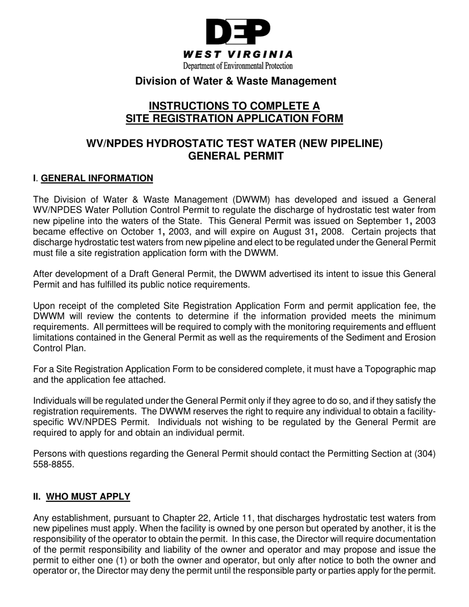 Instructions for Site Registration Application Form - General Permit for Hydrostatic Testing Water (New Pipeline) in West Virginia - West Virginia, Page 1