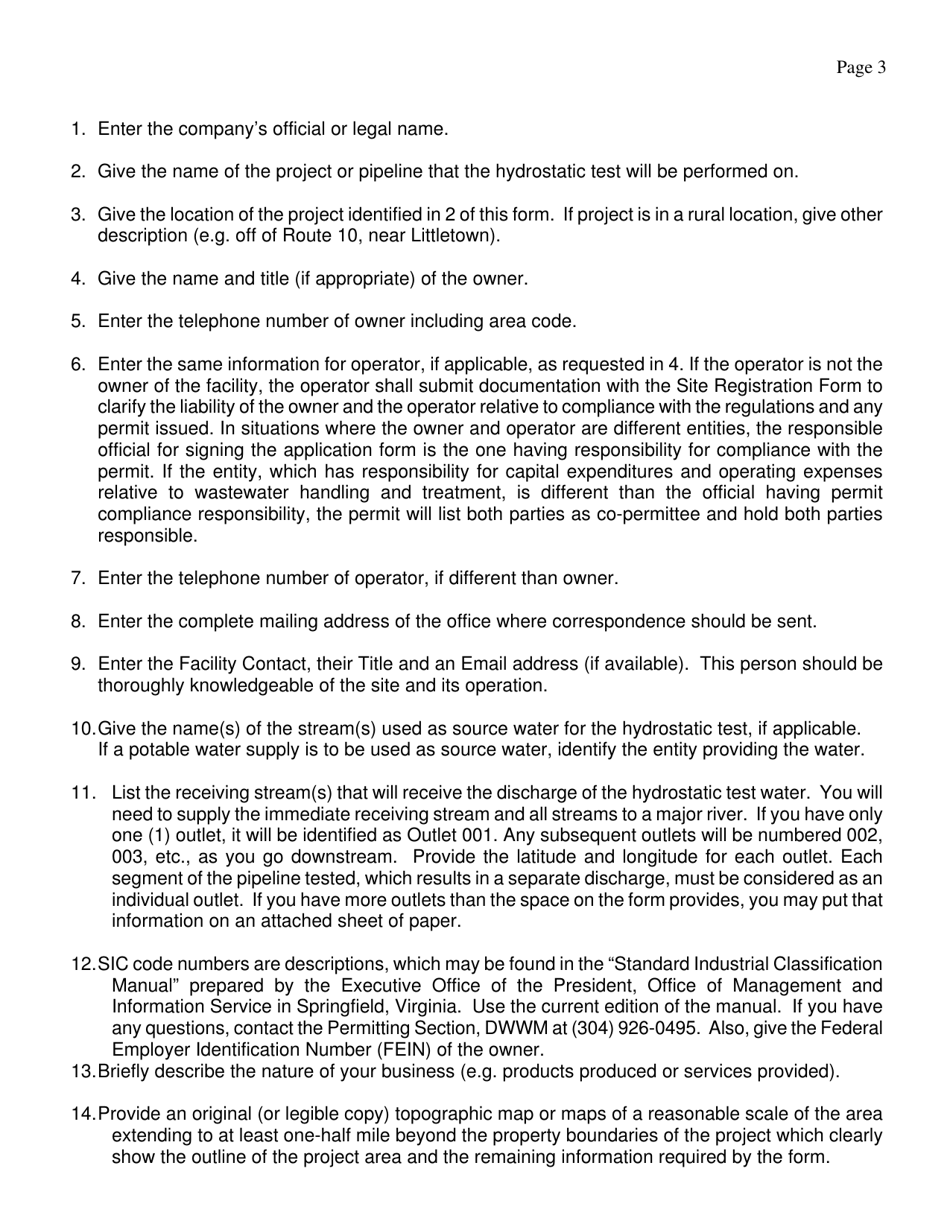 Instructions for Site Registration Application Form - General Permit for Hydrostatic Testing Water (New Pipeline) in West Virginia - West Virginia, Page 3