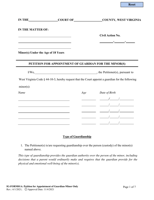 IG- Form 01A Petition for Appointment of Guardian for the Minor(S) - West Virginia
