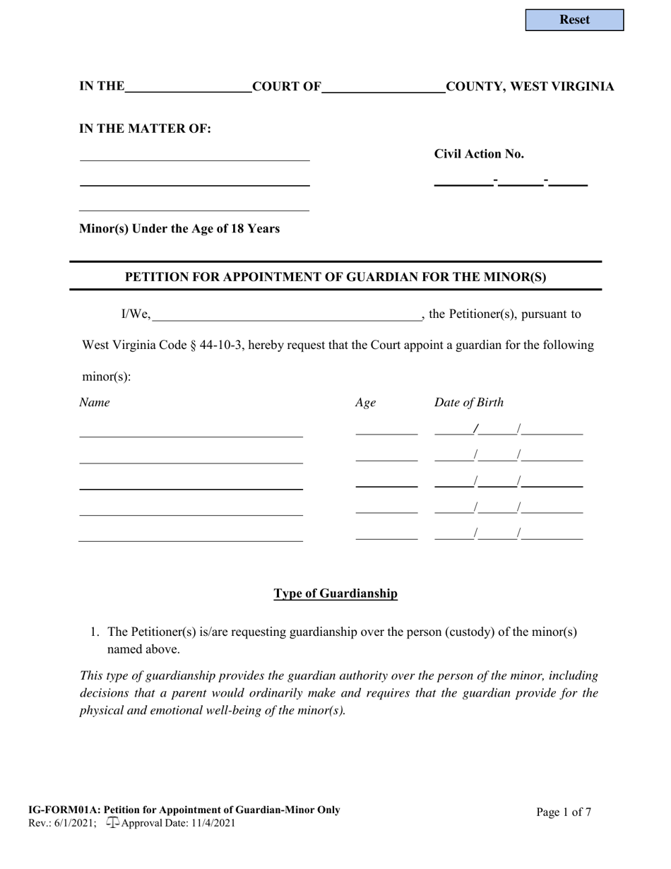 IG- Form 01A Petition for Appointment of Guardian for the Minor(S) - West Virginia, Page 1
