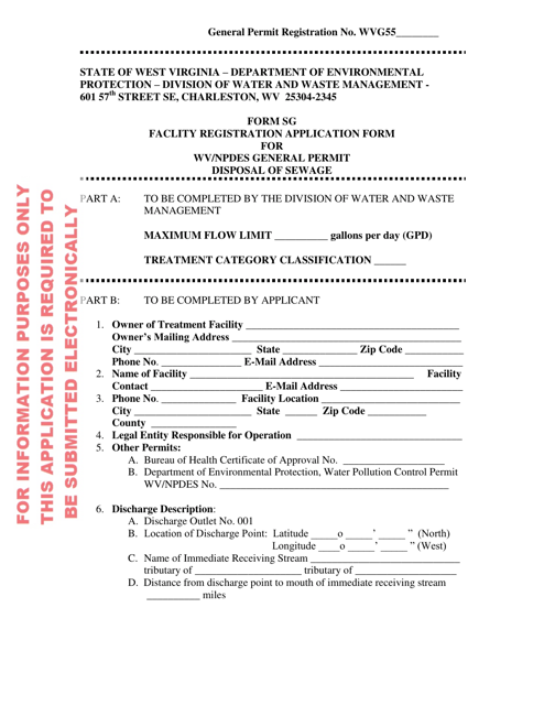 Form SG Faclity Registration Application Form for Wv/Npdes General Permit Disposal of Sewage - West Virginia