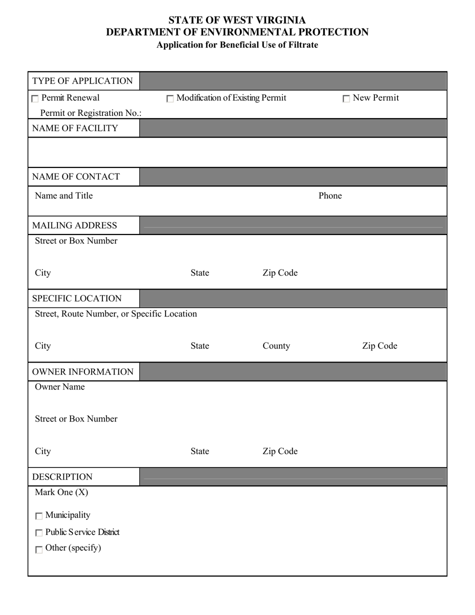 Application for Beneficial Use of Filtrate - West Virginia, Page 1