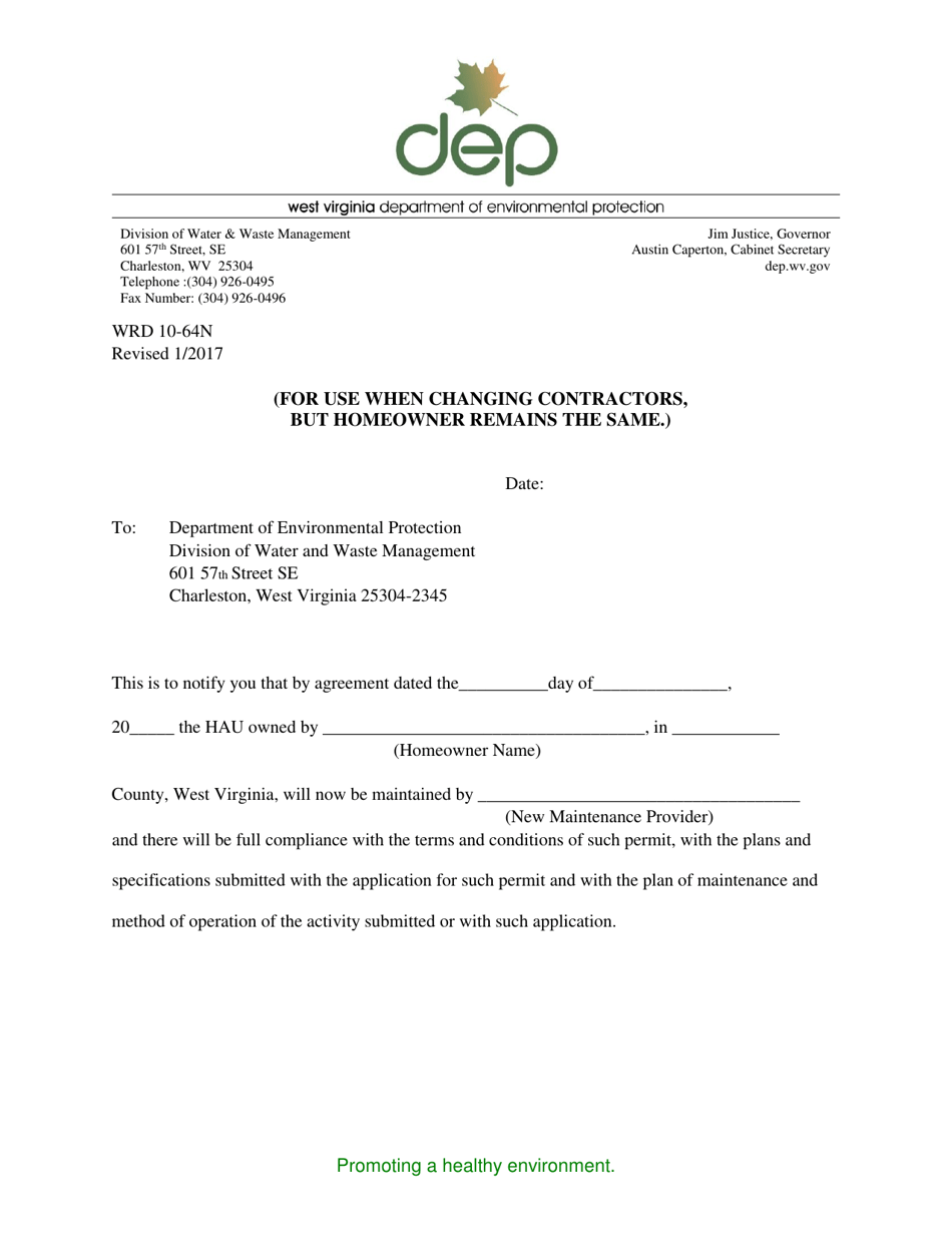 Form WRD10-64N Home Aeration Unit Transfer Contractor Application - West Virginia, Page 1