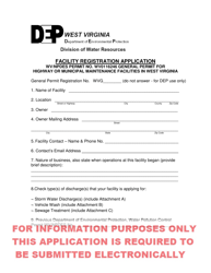 Document preview: Facility Registration Application - General Permit for Highway or Municipal Maintenance Facilities in West Virginia - West Virginia