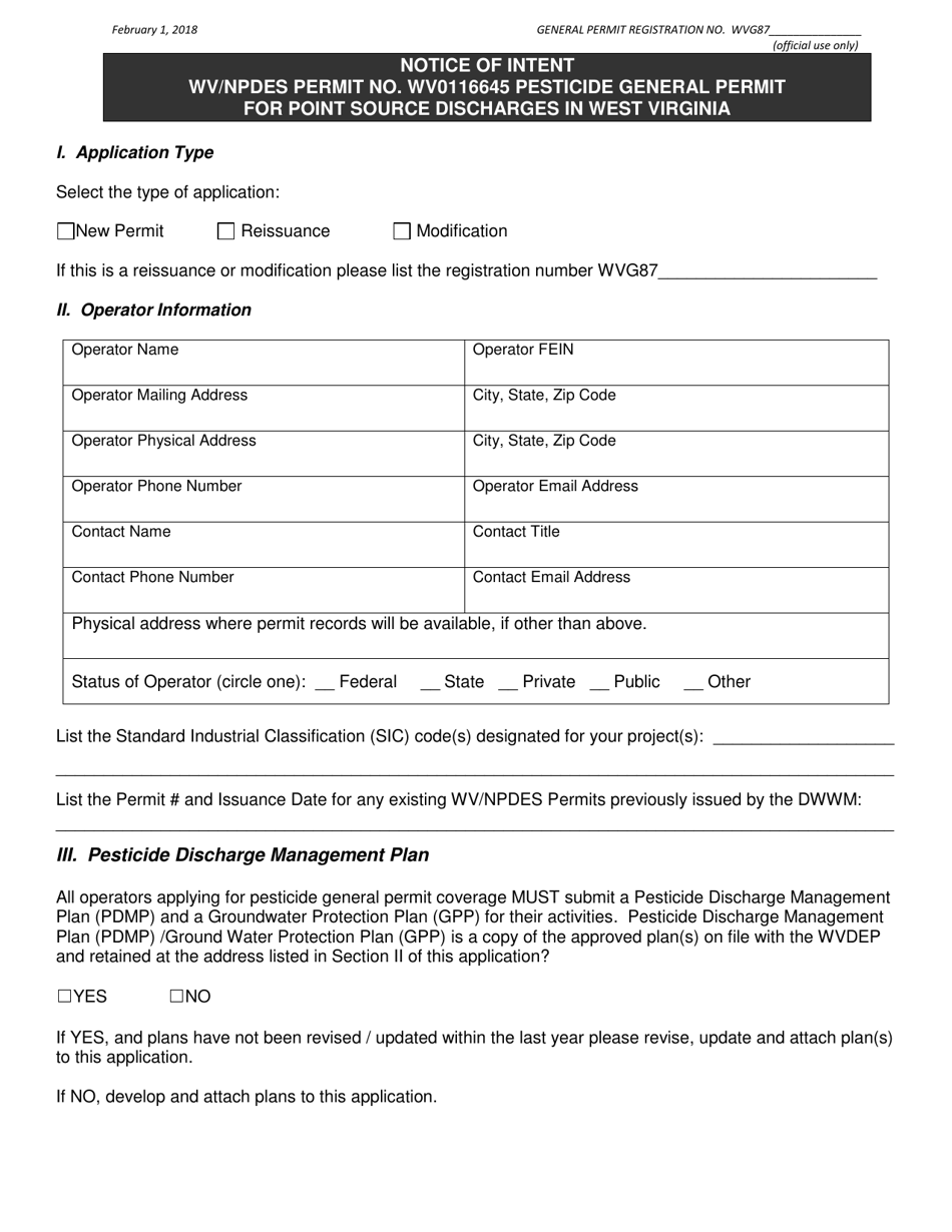 Notice of Intent (Noi) Application Form for Pesticide Gp - West Virginia, Page 1