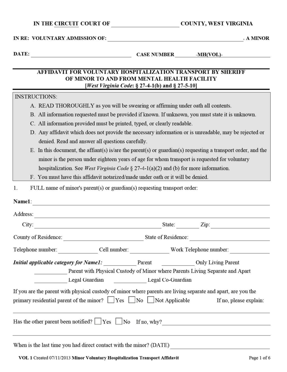 Form VOL1 Affidavit for Voluntary Hospitalization Transport by Sheriff of Minor to and From Mental Health Facility - West Virginia, Page 1