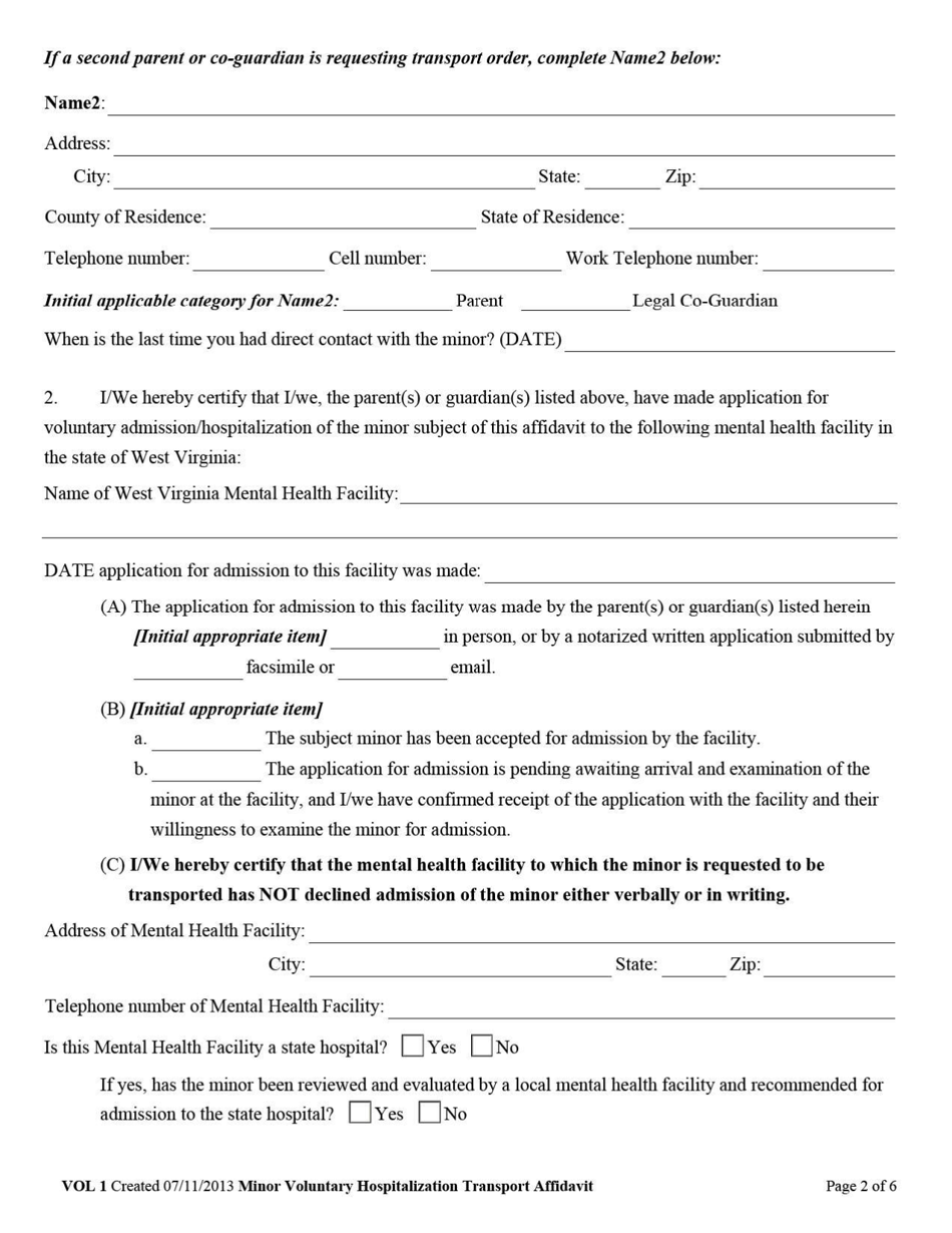 Form VOL1 Affidavit for Voluntary Hospitalization Transport by Sheriff of Minor to and From Mental Health Facility - West Virginia, Page 2