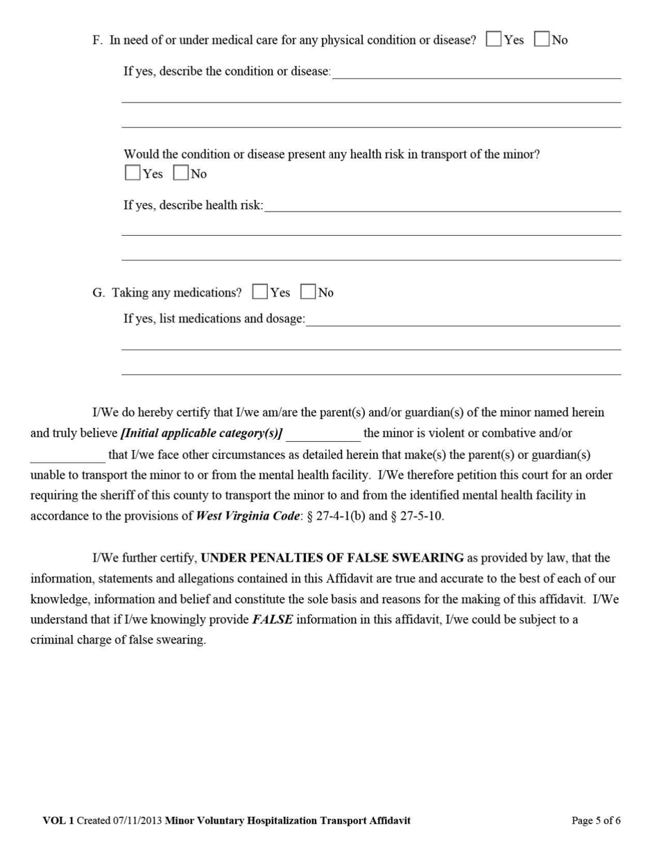 Form VOL1 Affidavit for Voluntary Hospitalization Transport by Sheriff of Minor to and From Mental Health Facility - West Virginia, Page 5