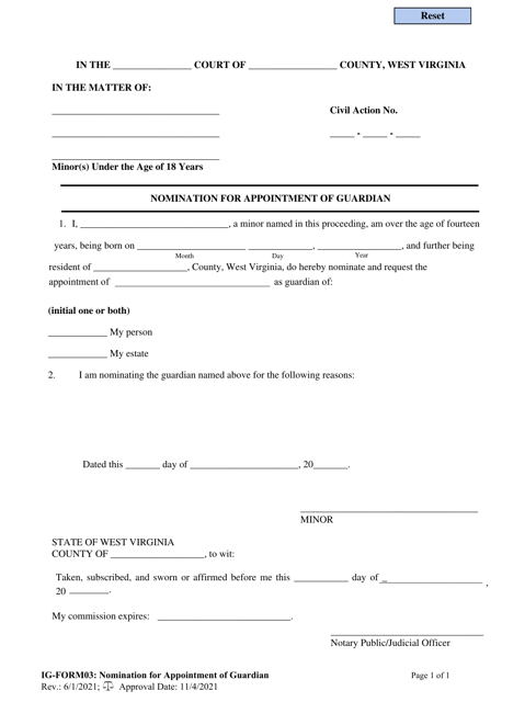 IG- Form 03 Nomination for Appointment of Guardian - West Virginia