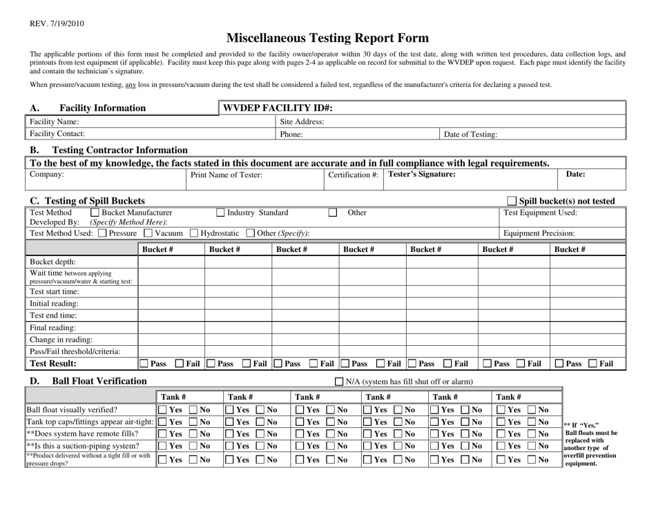 Miscellaneous Testing Report Form - West Virginia, Page 1