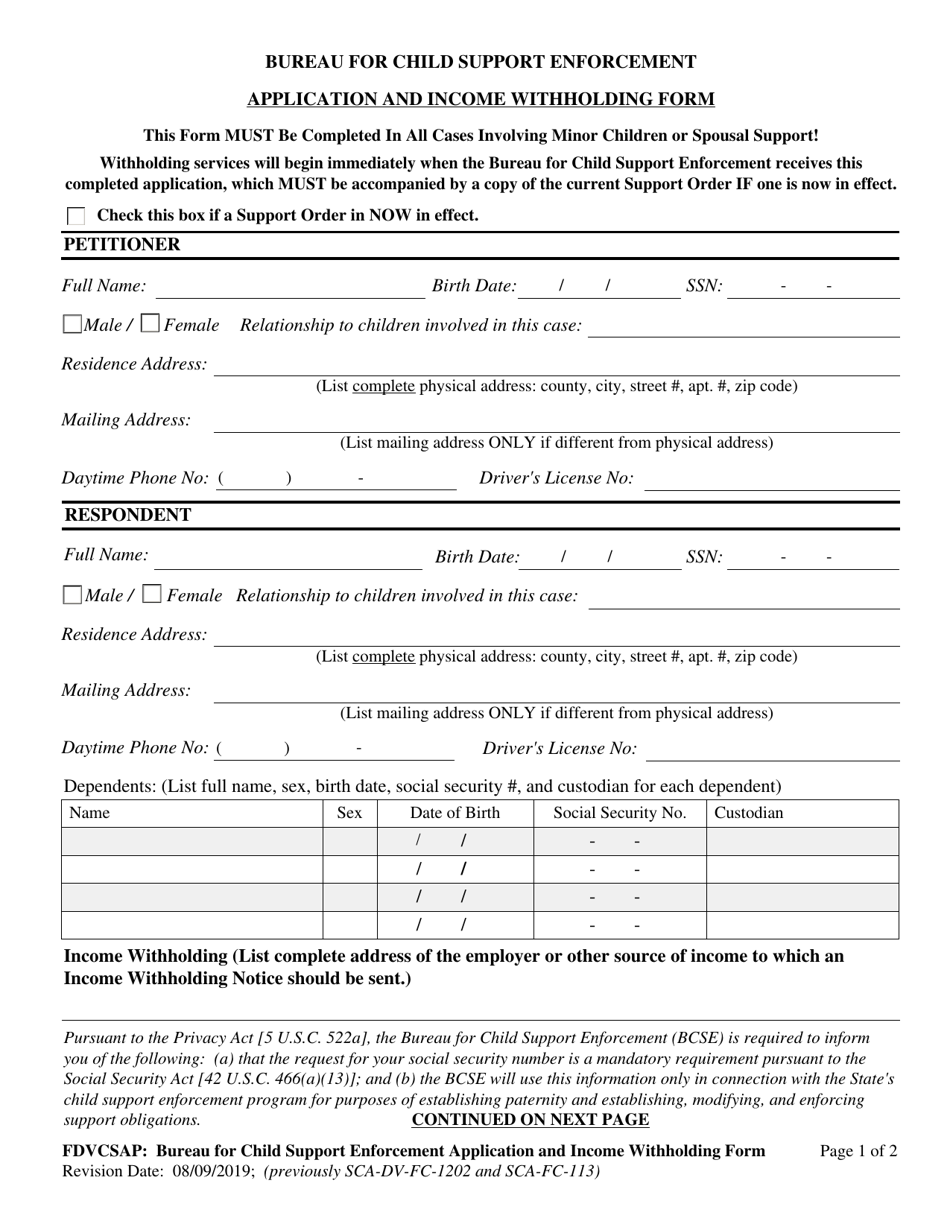 Form FDVCSAP Bcse Application and Income Withholding Form - West Virginia, Page 1
