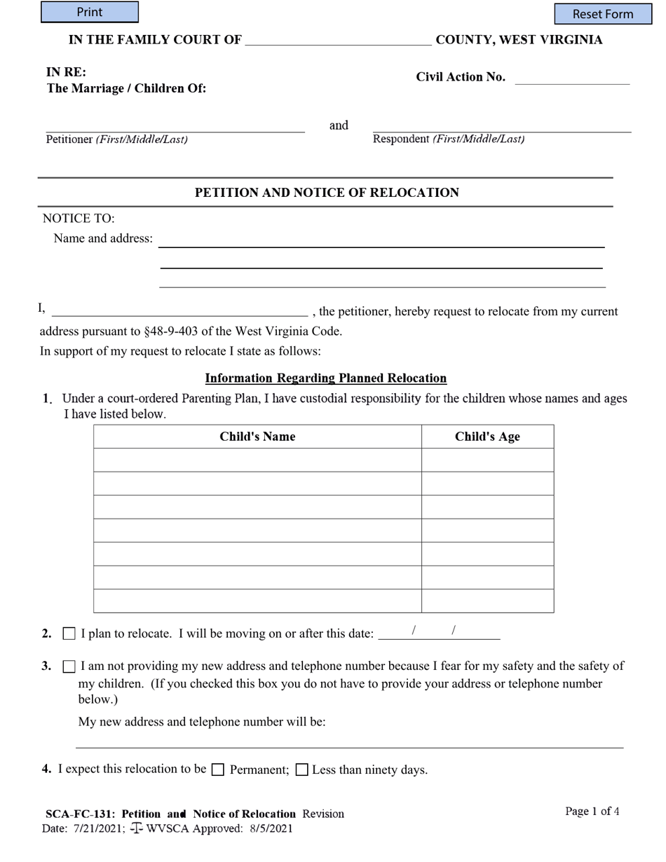 Form SCA-FC-131 Petition and Notice of Relocation - West Virginia, Page 1