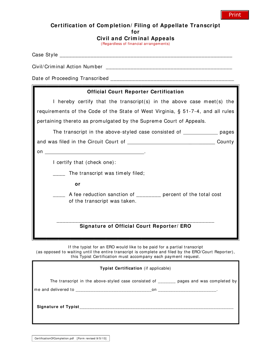 Certification of Completion / Filing of Appellate Transcript for Civil and Criminal Appeals - West Virginia, Page 1