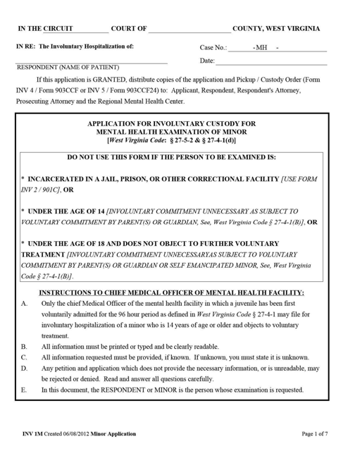 Form INV1M Application for Involuntary Custody for Mental Health Examination of Minor - West Virginia