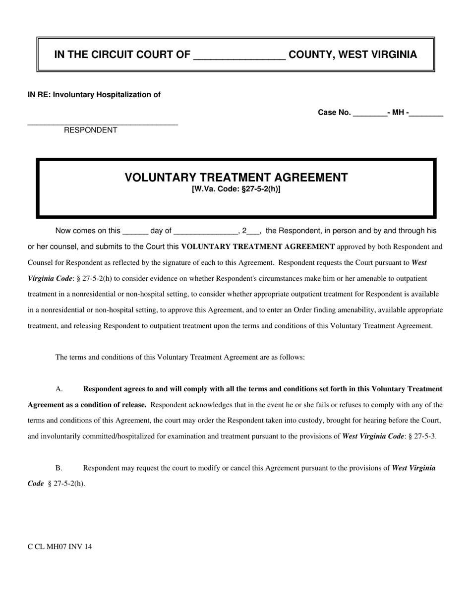 Form INV14 Voluntary Treatment Agreement - West Virginia, Page 1