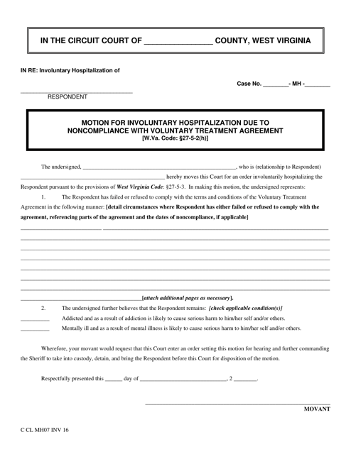 Form INV16 Motion for Involuntary Hospitalization Due to Noncompliance With Voluntary Treatment Agreement - West Virginia