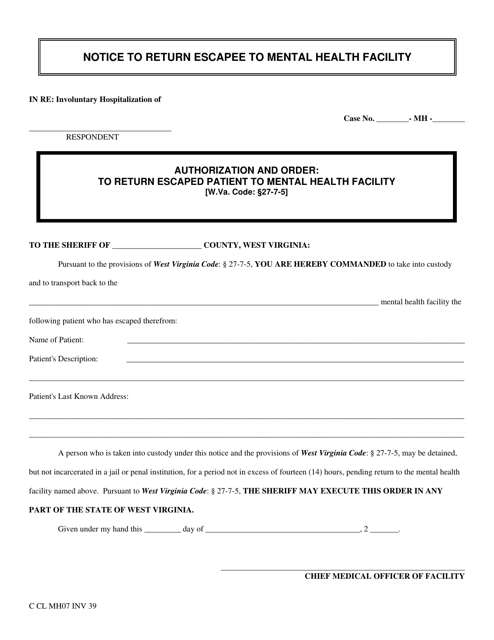 Form INV39 Authorization and Order to Return Escaped Patient to Mental Health Facility - West Virginia