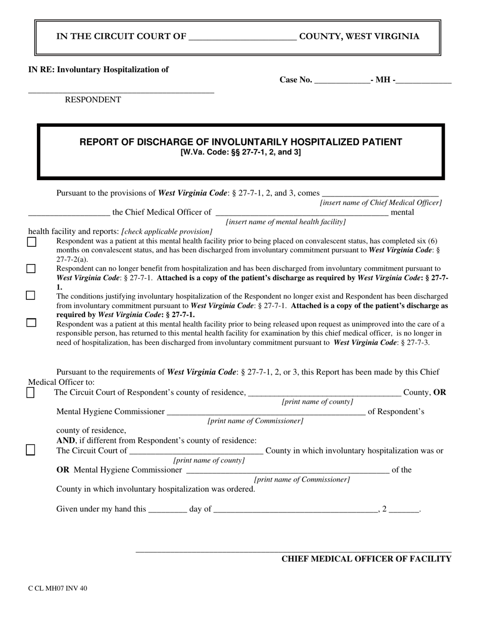 Form INV40 Report of Discharge of Involuntarily Hospitalized Patient - West Virginia, Page 1