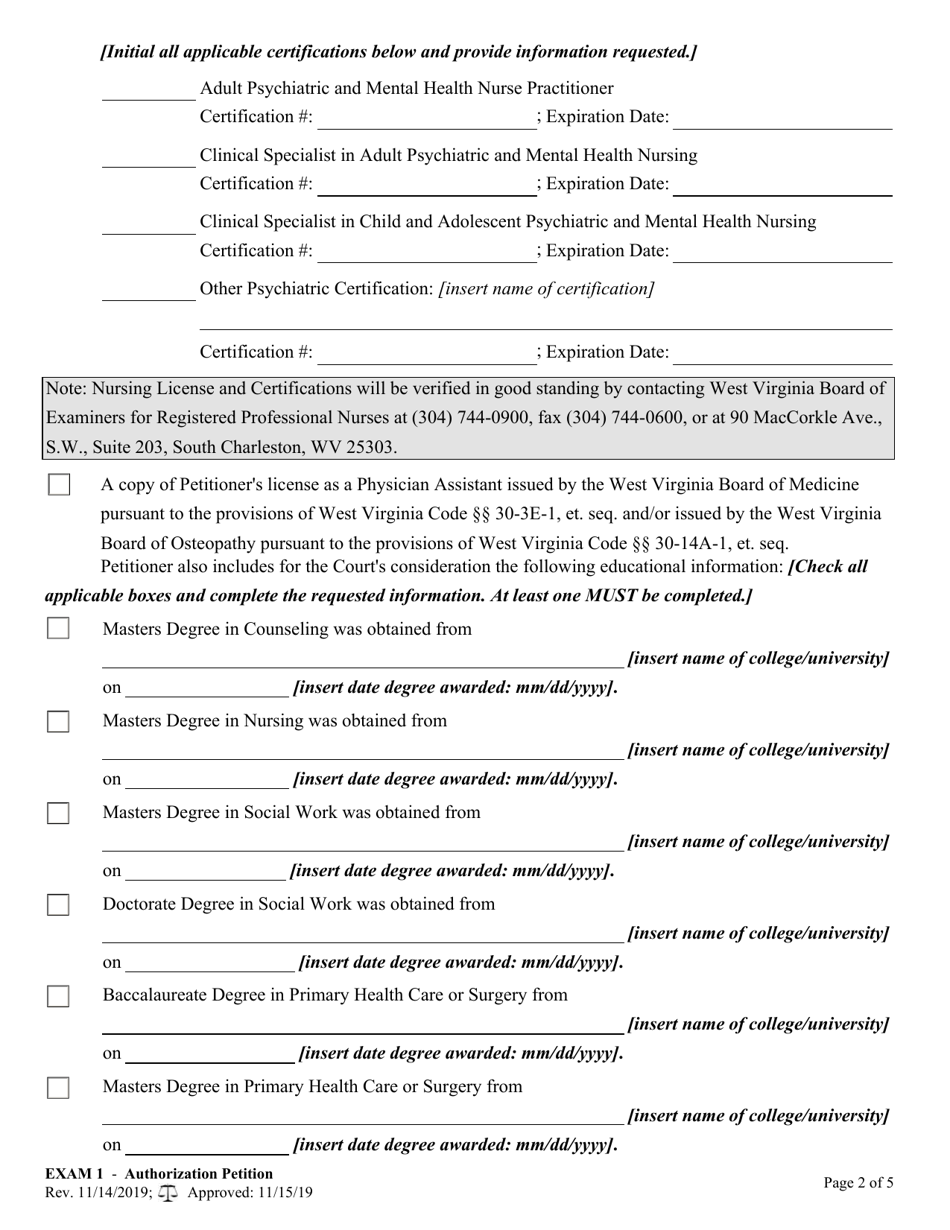Form EXAM1 Petition for Court Authorization to Perform Examinations for Probable Cause Proceedings for Involuntary Hospitalization - West Virginia, Page 2