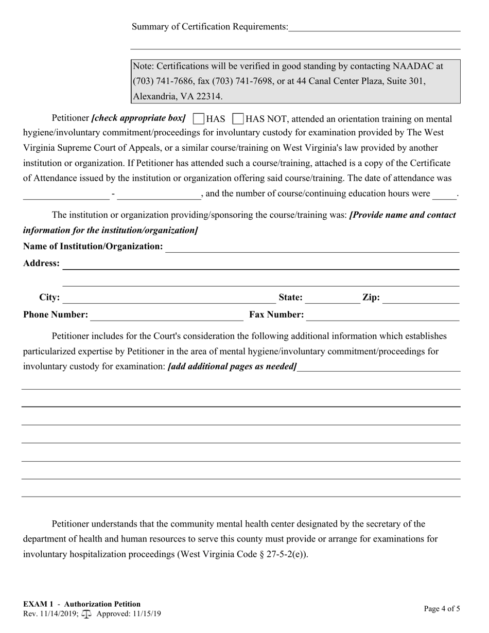 Form EXAM1 Petition for Court Authorization to Perform Examinations for Probable Cause Proceedings for Involuntary Hospitalization - West Virginia, Page 4
