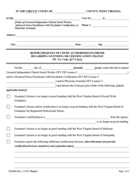 Form EXAM4 Report/Request of Court Authorized Examiner Regarding Licensing or Certification Change - West Virginia