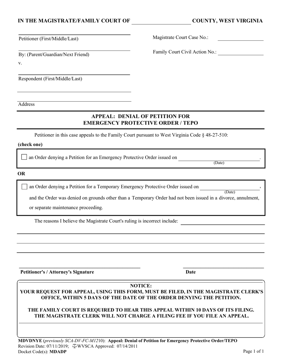 Form MDVDNYE Appeal: Denial of Petition for Emergency Protective Order / Tepo - West Virginia, Page 1