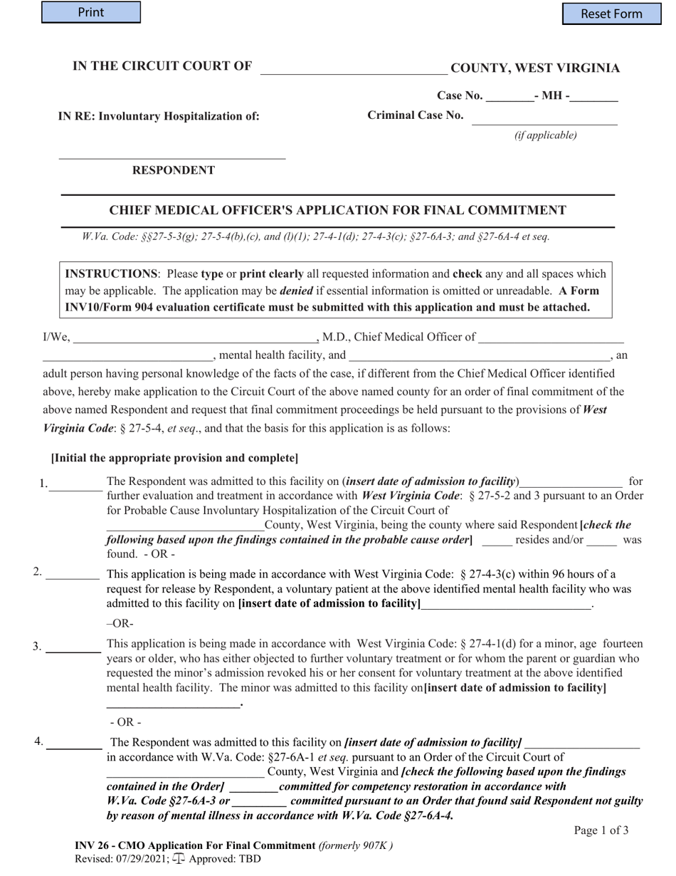 Form INV26 Chief Medical Officers Application for Final Commitment - West Virginia, Page 1