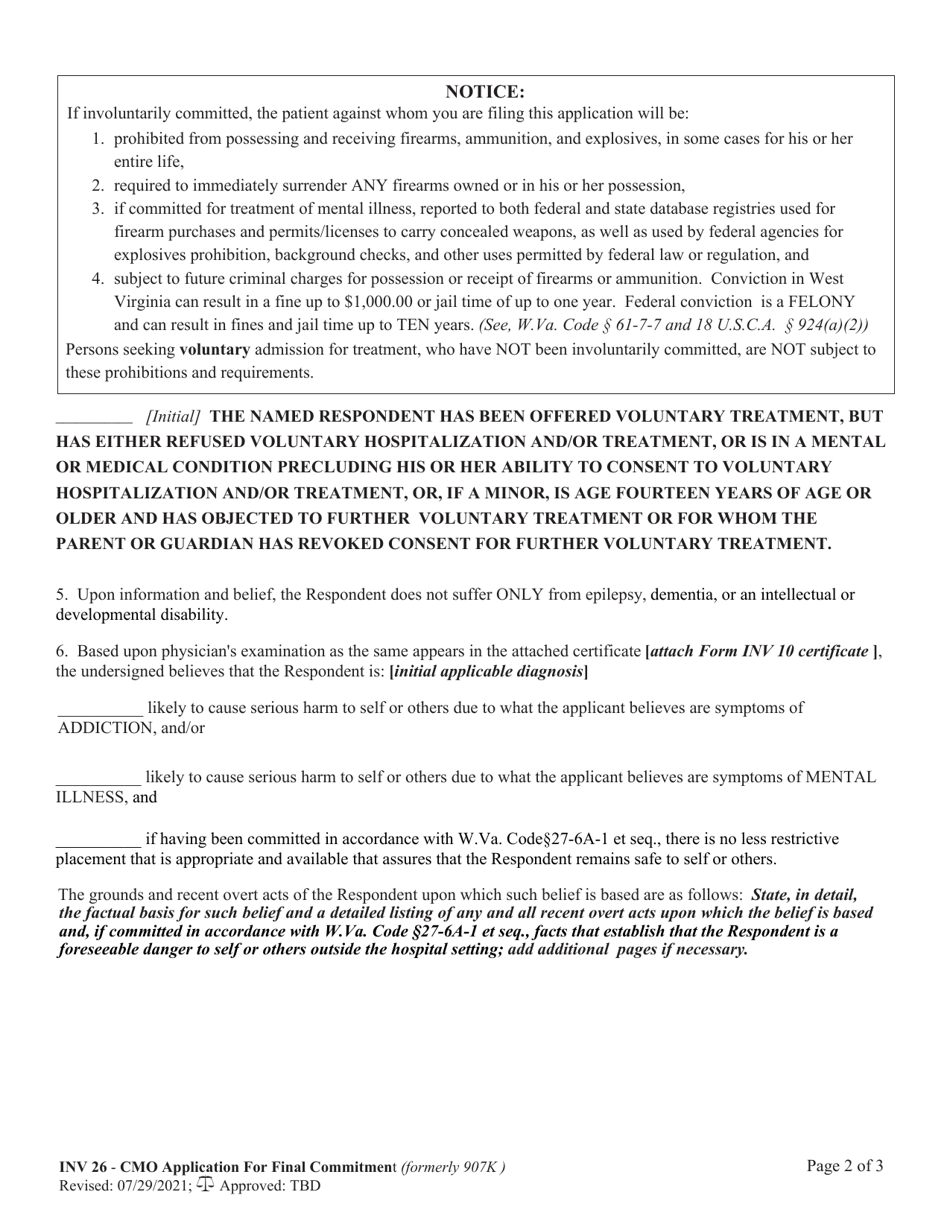 Form INV26 Chief Medical Officers Application for Final Commitment - West Virginia, Page 2