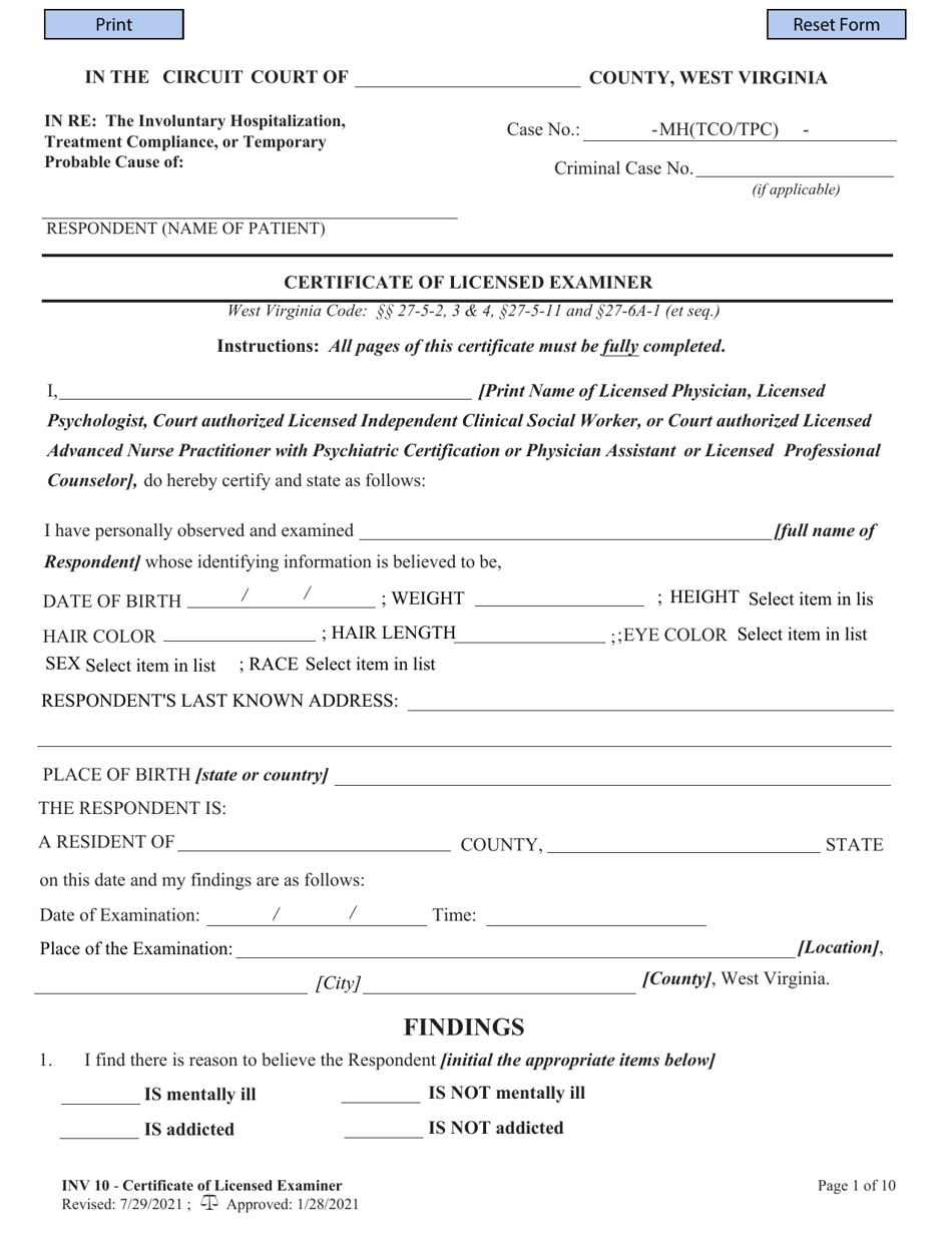 Form INV10 Certificate of Licensed Examiner - West Virginia, Page 1