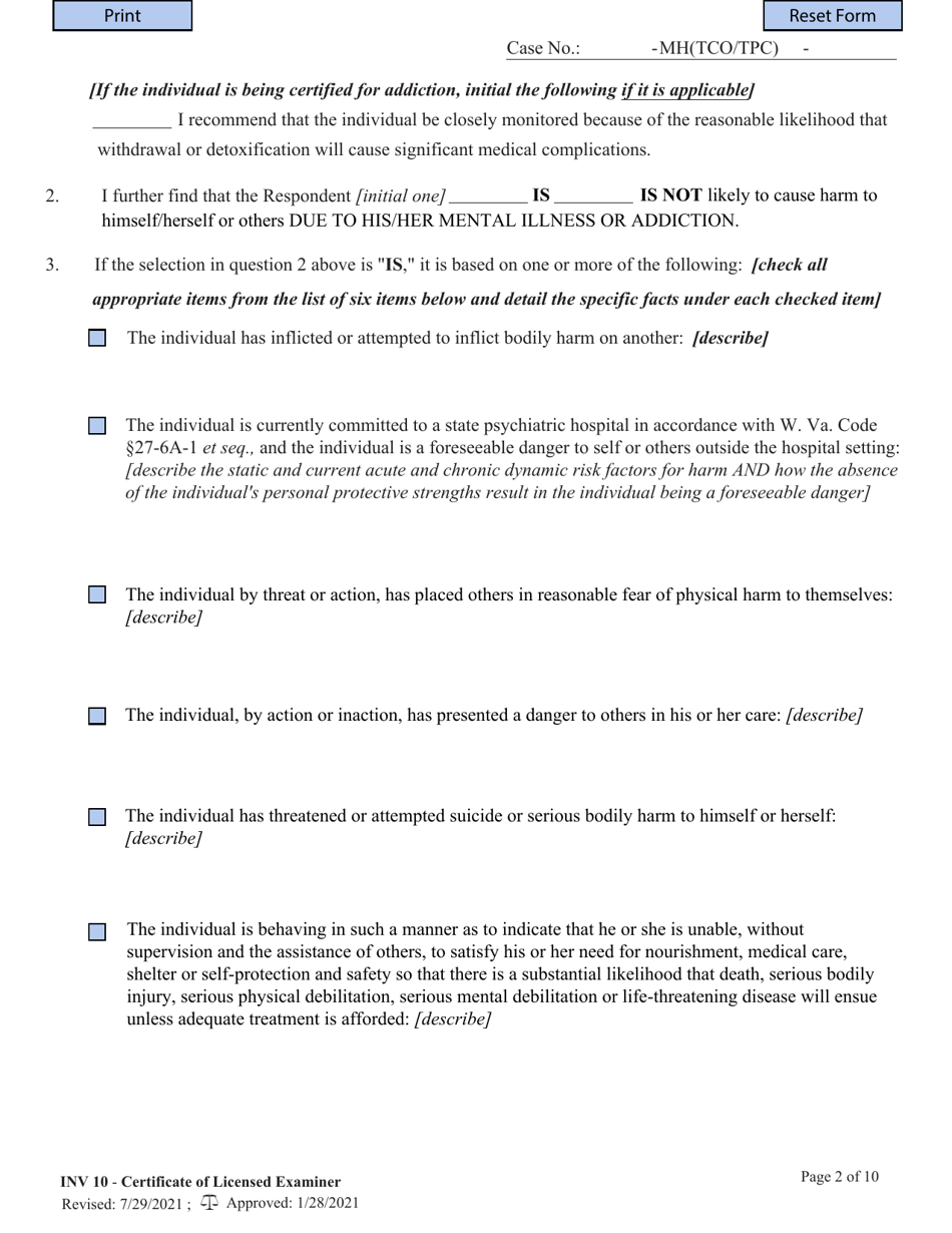 Form INV10 Certificate of Licensed Examiner - West Virginia, Page 2