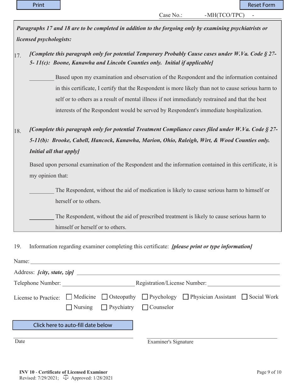Form INV10 Certificate of Licensed Examiner - West Virginia, Page 9