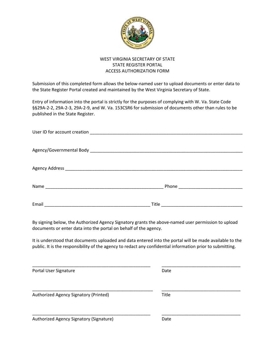 State Register Portal Access Authorization Form - West Virginia, Page 1