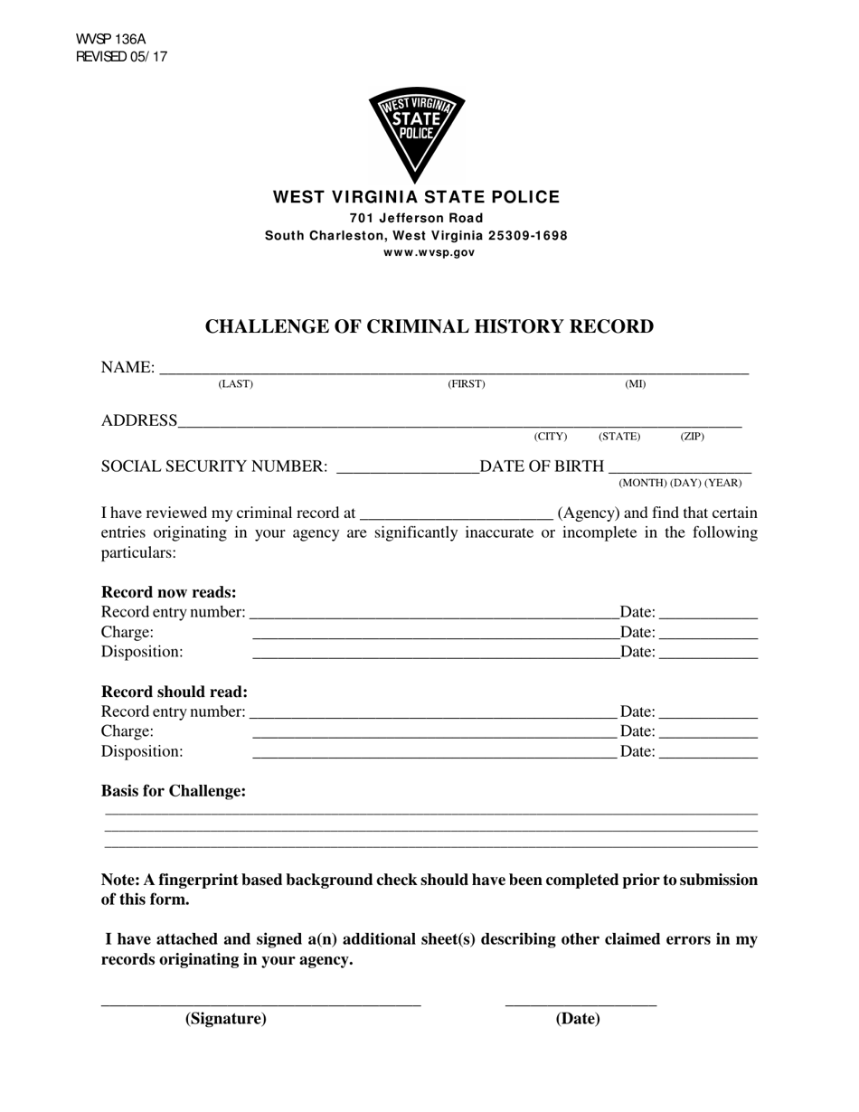WVSP Form 136A Challenge of Criminal History Record - West Virginia, Page 1