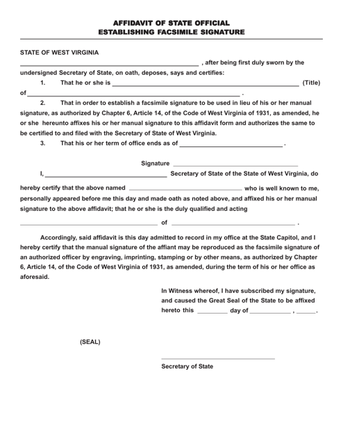 Affidavit of State Official Establishing Facsimile Signature - West Virginia Download Pdf