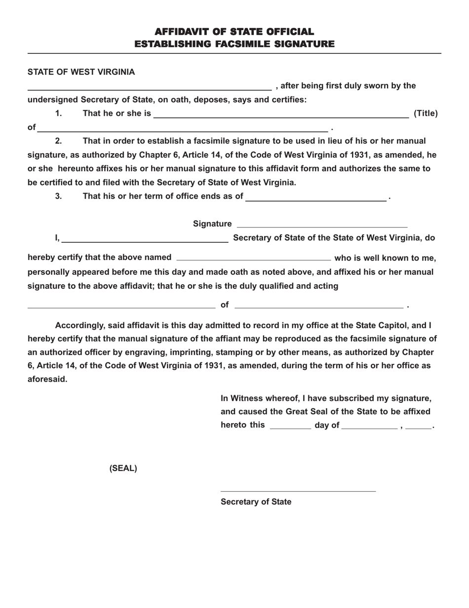 Affidavit of State Official Establishing Facsimile Signature - West Virginia, Page 1