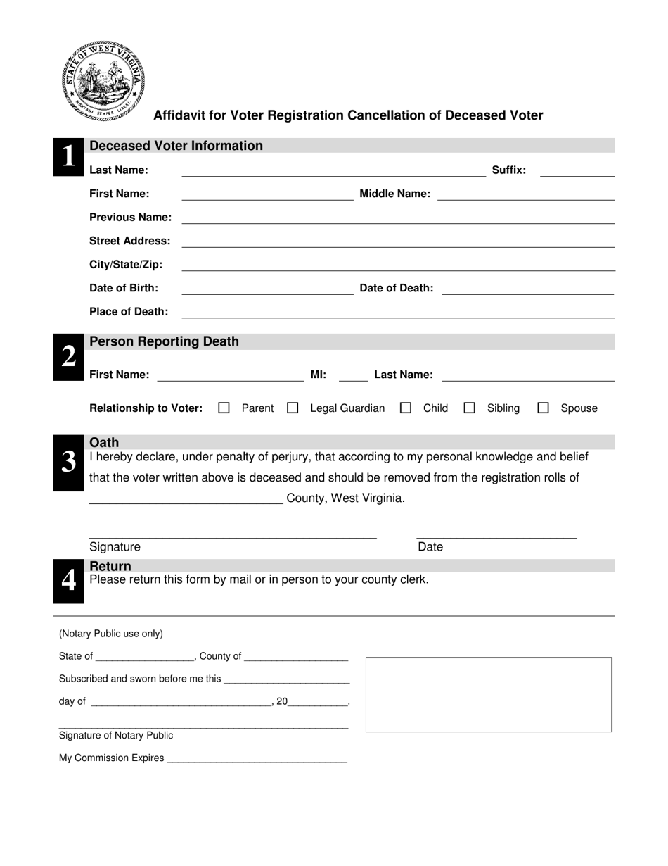 Affidavit for Voter Registration Cancellation of Deceased Voter - West Virginia, Page 1