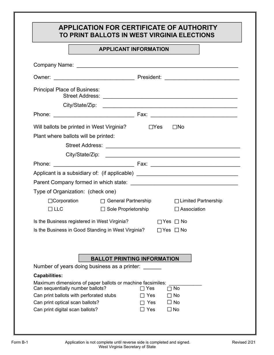 Form B-1 Application for Certificate of Authority to Print Ballots in West Virginia Elections - West Virginia, Page 1